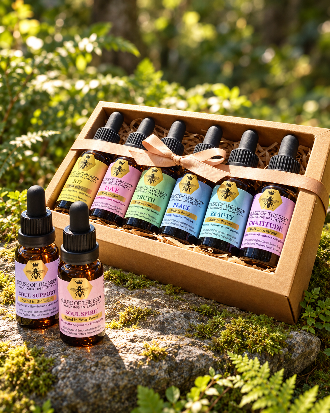 Essential Emotional Care Collection gift box of six Walking in Light Drops with Soul Support and Spiritual Support Drops, on a mossy rock