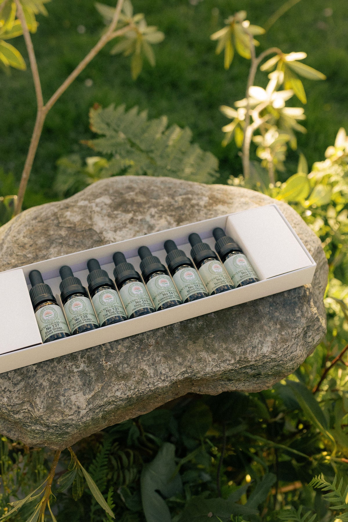 First Light sacred mountain grass essence bottles in their boxed set