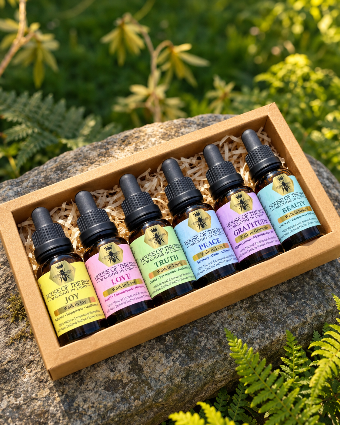 Everyday Emotional Care Kit gift box with Joy, Love, Truth, Peace, Gratitude and Beauty Drops