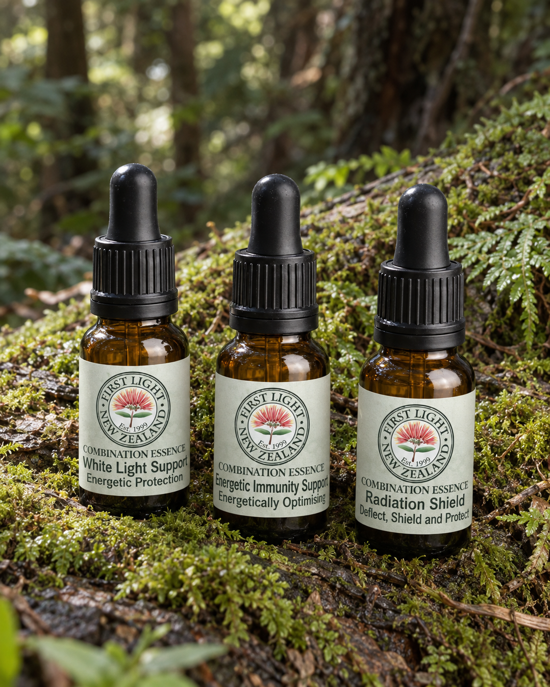 White Light Support, Energetic Immunity Support and Radiation Shield combination essence oral drops on a mossy log in native New Zealand forest