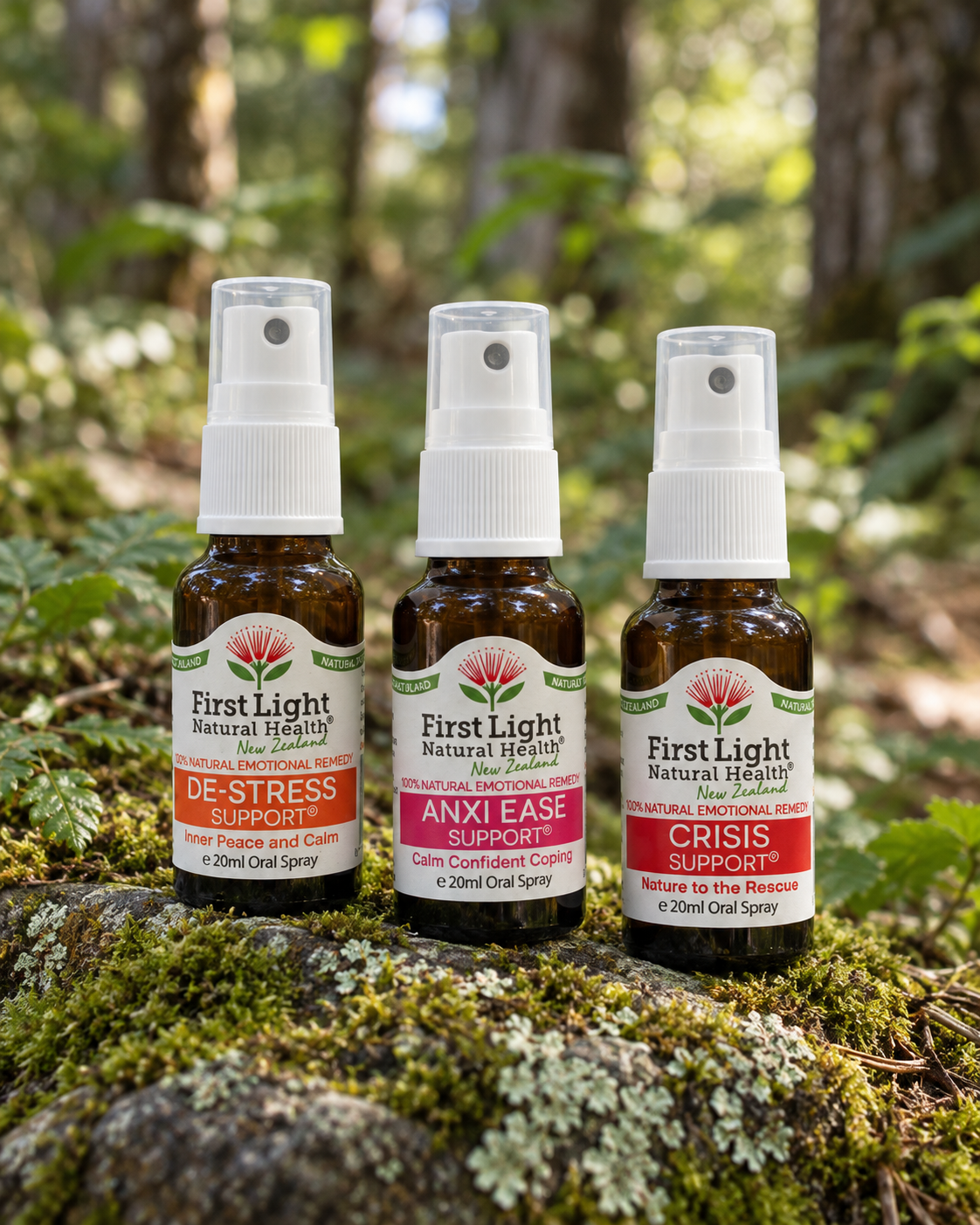 De-Stress Support, Anxi Ease Support and Crisis Support oral sprays on a mossy rock in native New Zealand forest