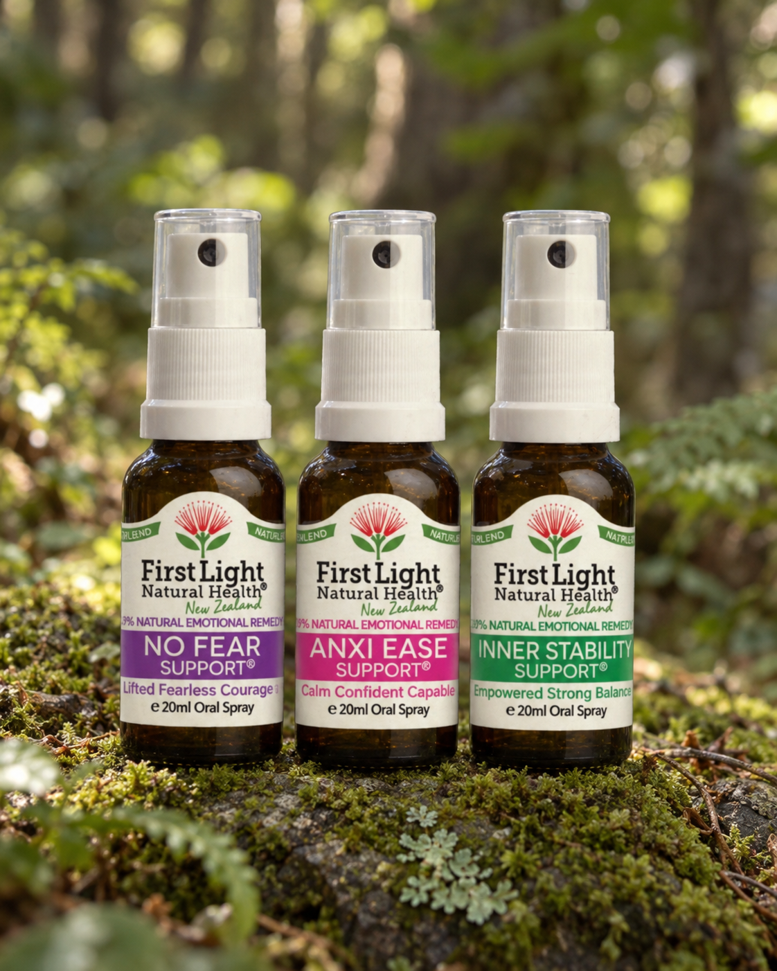 No Fear Support, Anxi Ease Support and Inner Stability Support oral sprays on a mossy rock in native New Zealand forest