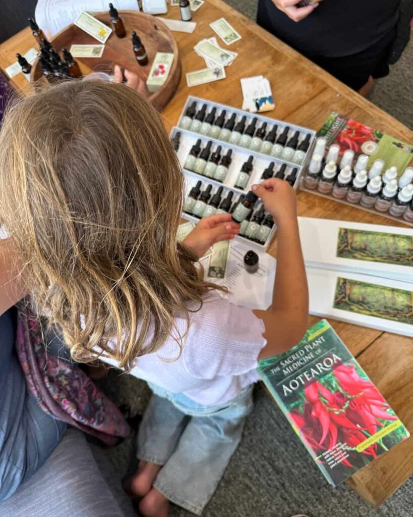 Kids making up First Light® flower essence blends for emotional support at a community centre.